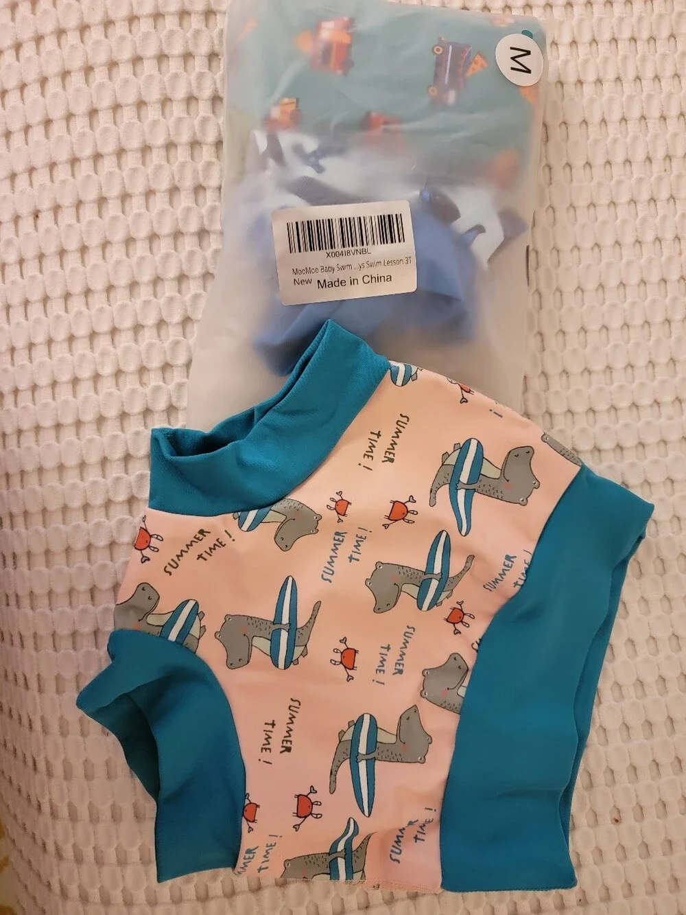 Kids Swim Training Pants - Teal with Green Trim, Fire Truck Print